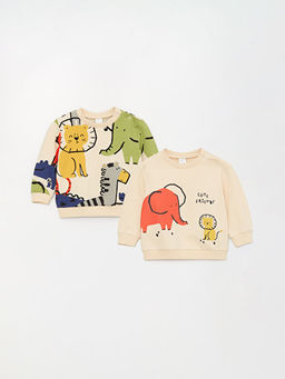 Bisiklet Yaka Bask?l? Uzun Kollu Erkek Bebek Sweatshirt 2li