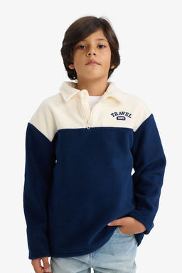 Oversize Geni_ Kal_p Polo Yaka Yar_m Fermuarl_ Bask_l_ Polar Sweatshirt Erkek _ocuk