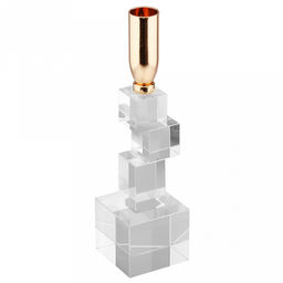 Подсвечник стеклянный "Кубизм" h22см, чаша металл д2,4см, h2см, отвинчивающаяся, основание 5,8х5,8см, прозрачный/золотой, в коробке (Китай)