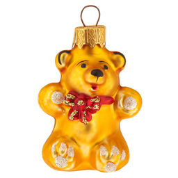 Елочная игрушка фигурка стеклянная Медвежонок с бантом h6см, красный, ручная художественная роспись, подарочная упаковка (Россия)