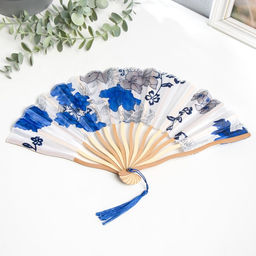 Веер складной h=21 см изгиб, с кистью Цветы, в коробке, бело-синий