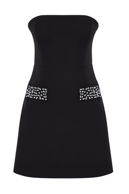 TRENDYOLMILLA Siyah Parlak Tasl? Straplez Dokuma Elbise TPRSS25EL00027