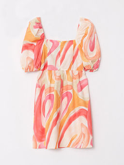 Kare Yaka Desenli Balon Kollu Poplin Elbise