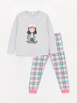 Bisiklet Yaka Bask?l? Uzun Kollu K?z ?ocuk Pijama Tak?m?