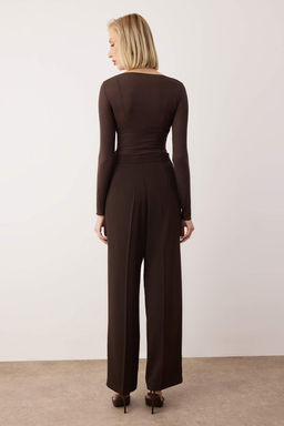 EXCLUSIVE Ozel Koleksiyon Dokumlu Kahverengi Nervurlu Wide Leg/Genis Paca Pantolon TWOAW26PL00118 - Trendyolmilla фото 5