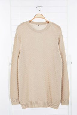 Bej Regular Pamuklu Bisiklet Yaka Dokulu Triko Kazak TMNAW25KZ00026