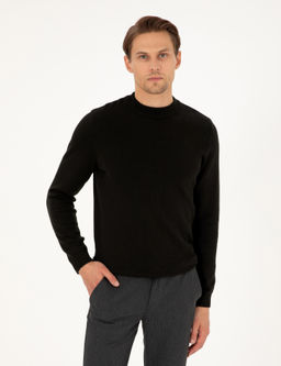 Siyah Slim Fit Yar_m Bal_k__ Yaka Basic Triko Kazak