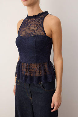 Lacivert Dantel Peplum Detayl? Party Bluz TPRAW26BZ00008