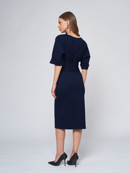 Платье синее длины миди с поясом и рукавом летучая мышь - 1001dress фото 4