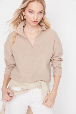 Bej Selanik/Triko Gorunumlu Fermuarl? Yaka Regular/Normal Kal?p Orme Sweatshirt TWOAW22SW0732