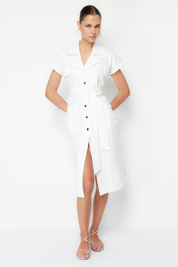 Ekru Kusakl? Genis Kal?p Gabardin Midi Gomlek Elbise TWOSS24EL00227