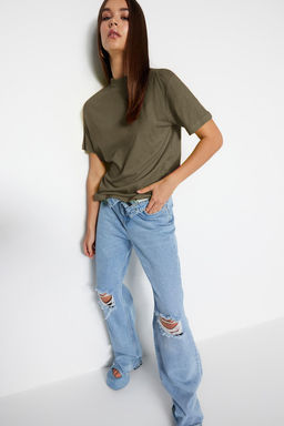 Koyu Haki %100 Pamuk Basic Regular/Normal Kal?p Dik Yaka Orme T-Shirt TWOAW20TS0096