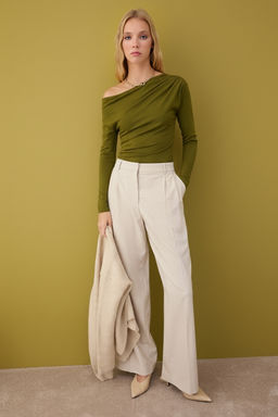 Yag Yesili Buzgu/Drape Detayl? Dokumlu Asimetrik Yaka Orme Bluz TWOAW26BZ00138