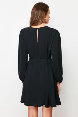 Siyah Kusakl? Duz Kesim Bisiklet Yaka Mini Dokuma Elbise TWOAW24EL00337