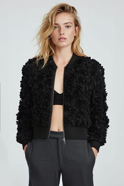 Trendyolmilla Siyah Oversize 3 Boyutlu Cicek Desenli Bomber Ince Ceket Mont TWOSS25MO00013