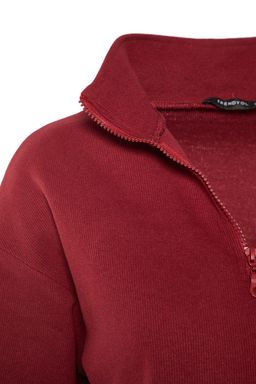Bordo Selanik/Triko Gorunumlu Fermuarl? Yaka Regular/Normal Kal?p Orme Sweatshirt TWOAW22SW0732