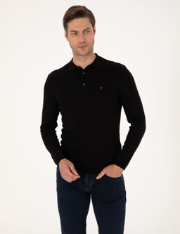 Siyah Slim Fit Polo Yaka Basic Triko Kazak