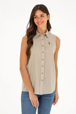 U. S. Polo Assn / Женская льняная рубашка светло-хаки с коротким рукавом