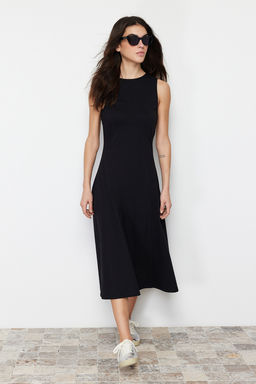 Siyah %100 Pamuk Skater/Belden Ac?lan Bisiklet Yaka Kolsuz Midi Orme Midi Elbise TWOSS24EL00193