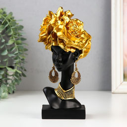 Фигурка полистоун «Бюст. Африканка с золотыми розами в волосах, с ожерельем», чёрный, 24×10×11 см