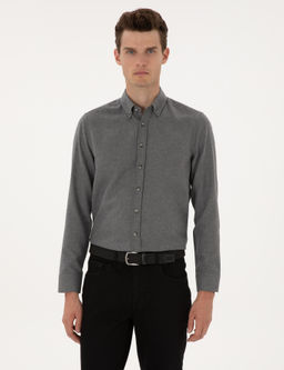 Gri Flanel Dokulu Slim Fit Uzun Kollu G_mlek