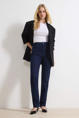 Koyu Mavi Yuksek Bel Az Esnek Straight Duz Kesim Slim Jeans TWOSS26JE00102 - Trendyolmilla фото 3