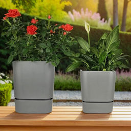 Горшок для цветов пластмассовый "Квадрат-Гранд," 2,7л, 15х15х15см, с поддоном, серый-муссон (Россия)
