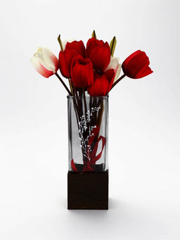 Ваза для цветов стеклянная с деревянной подставкой из темного стекла, 25 х 9 см