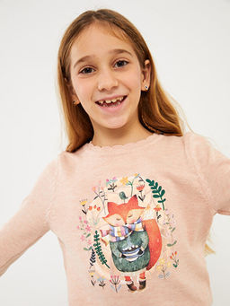 Bisiklet Yaka Bask?l? Uzun Kollu K?z ?ocuk Triko Kazak