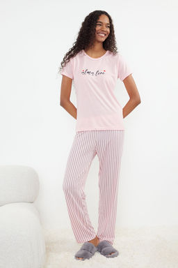 Trendyolmilla Mint Slogan Bask?l? Cizgili Orme Pijama Tak?m? THMSS24PT00251  фото 2