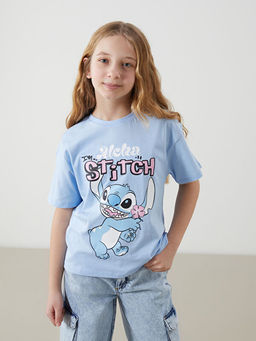 Bisiklet Yaka Stitch Bask?l? K?z ?ocuk Ti??rt