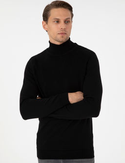 Siyah Slim Fit Yar_m Bal_k__ Yaka Triko Kazak