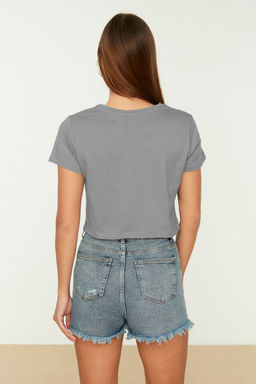 Gri-Mint 2li Paket %100 Pamuk Crop Bisiklet Yaka Orme T-Shirt TWOSS20TS1480