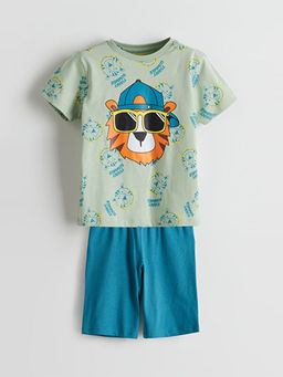 Bask?l? Penye Erkek ?ocuk ?ortlu Pijama Tak?m