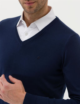 A__k Lacivert Slim Fit V Yaka Basic Triko Kazak - Pierre cardin фото 7