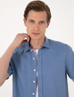 Mavi %100 Keten Regular Fit K_sa Kollu G_mlek