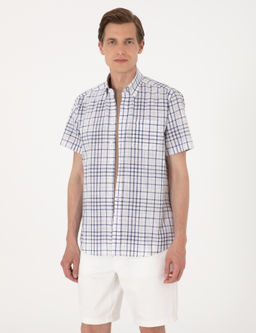 Lacivert Regular Fit K_sa Kollu Ekose G_mlek