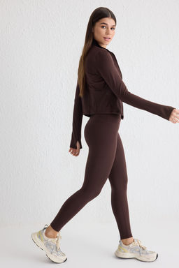 Kahverengi Soft F?rcal? Kumas Reflektor Bask? Detayl? Tam Boy Orme Spor Tayt THMAW25TY00020