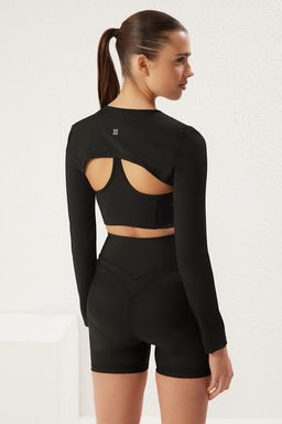 Trendyolmilla Siyah Dalg?c/Scuba Kumas Reflektor Bask?l? Super Crop Orme Spor Ust/Bluz THMSS25BZ00007