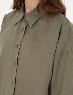 Haki Oversize Uzun Kollu %100 Keten G_mlek