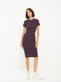 Bisiklet Yaka ?izgili K?sa Kollu Kad?n Bodycon Elbise