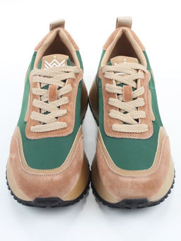 04-PDJ96-2 BEIGE/GREEN Кроссовки демисезонные женские (натуральная замша, натуральная кожа, текстиль)