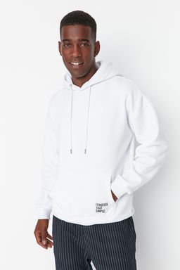 TRENDYOL MAN Beyaz Oversize/Genis Kesim Kapusonlu Etiketli Ici Polar/S?cak Tutan Sweatshirt TMNAW21SW2005