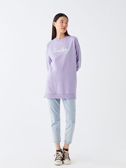 Bisiklet Yaka Bask?l? Uzun Kollu Oversize Kad?n Sweatshirt Tunik