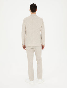 Bej Slim Fit Keten Kar___ml_ _izgili Tak_m Elbise