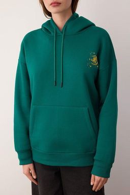 TRENDYOLMILLA Ekru Kal?n Ici Polarl? Kapusonlu Bask?l? Oversize/Genis Kal?p Orme Sweatshirt TWOAW24SW00136  фото 3