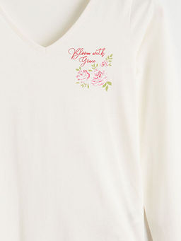 V Yaka Bask?l? Kad?n Pijama ?st