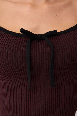 Bordo Merserize Gorunumlu Premium Iplik/Ozel Iplik Kurdele/Fiyonk Detayl? Triko Kazak TWOAW25KZ00207