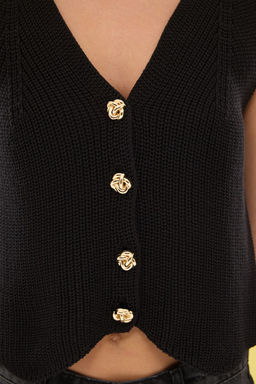 Siyah Merserize Gorunumlu Dugme Detayl? V Yaka Yelek TWOSS25YE00045