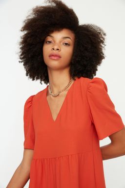 Kiremit Genis Kesim V Yaka Mini Dokuma Elbise TWOSS20EL0400